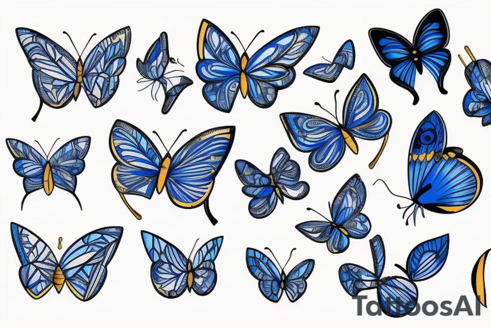 Blue and white butterfly with torn wing mended with gold tattoo idea