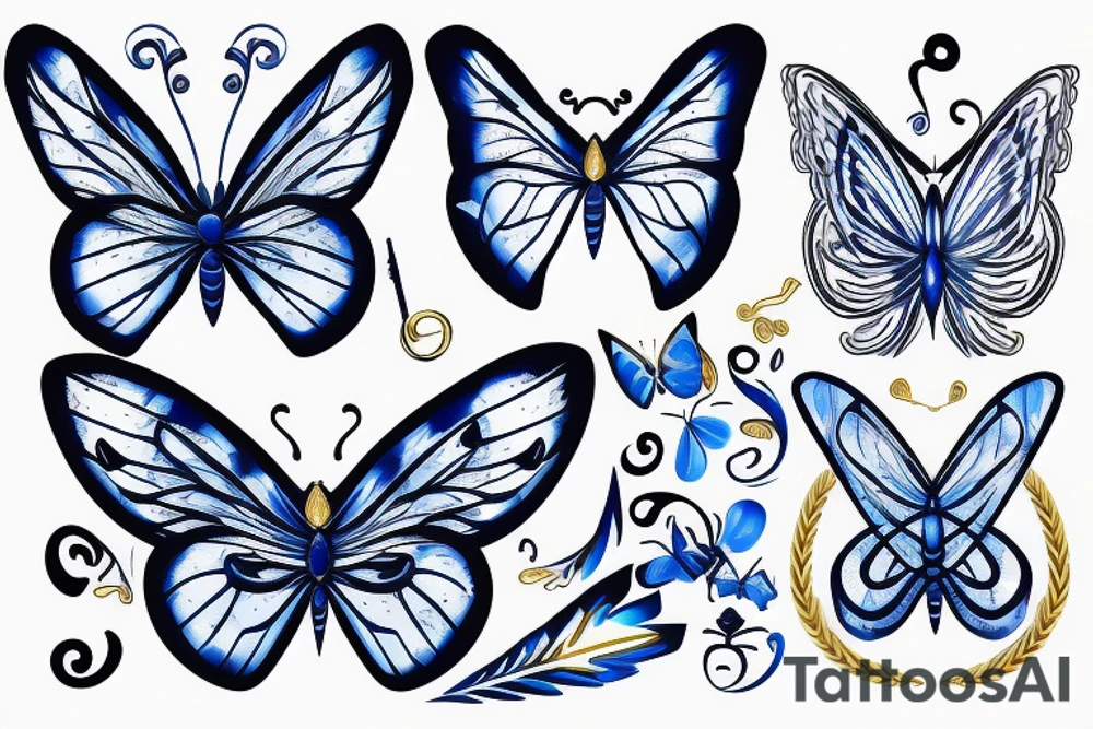 Blue and white butterfly with torn wing mended with gold tattoo idea