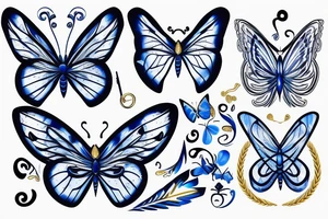 Blue and white butterfly with torn wing mended with gold tattoo idea