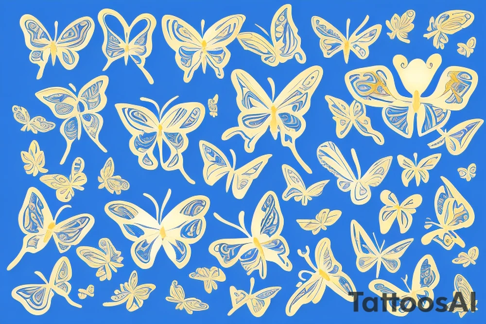 Blue and white butterfly with torn wing mended with gold tattoo idea
