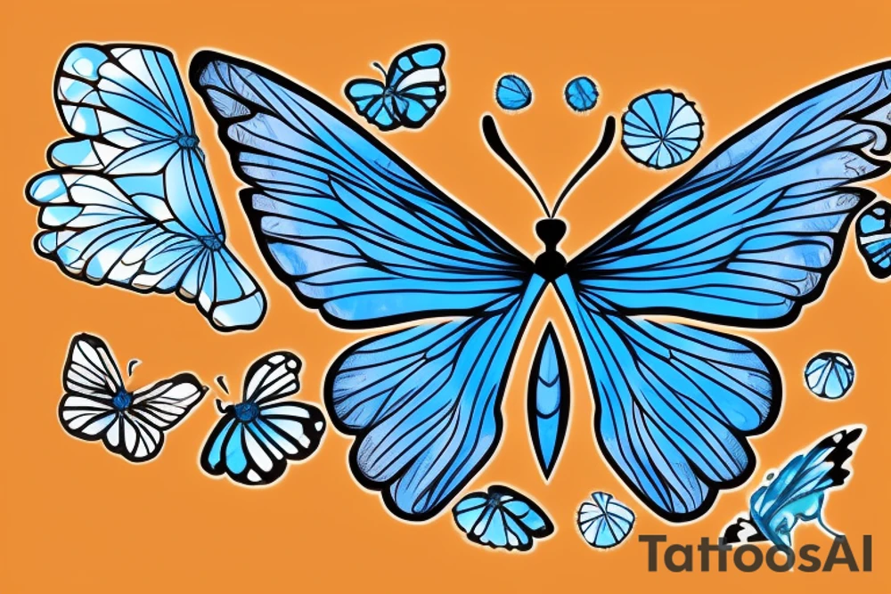 Blue and white butterfly with torn wing kintsugi with gold tattoo idea