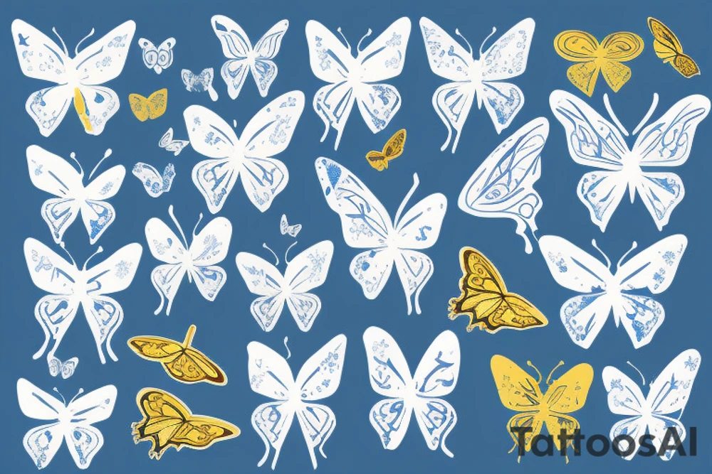 Blue and white butterfly with torn wing kintsugi with gold tattoo idea
