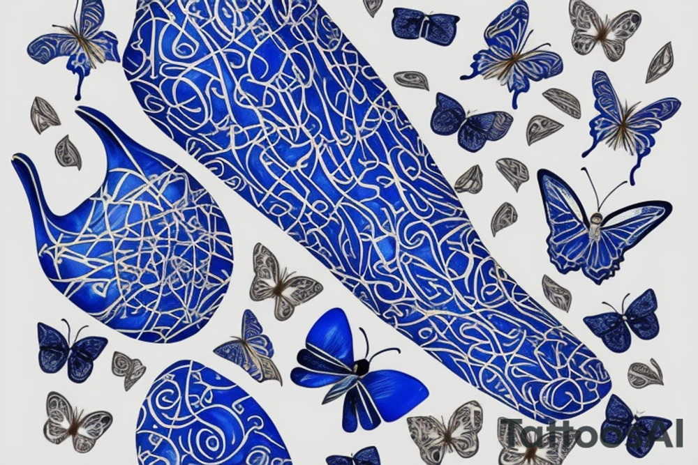 Blue and white broken vase butterfly kintsugi gold tattoo idea