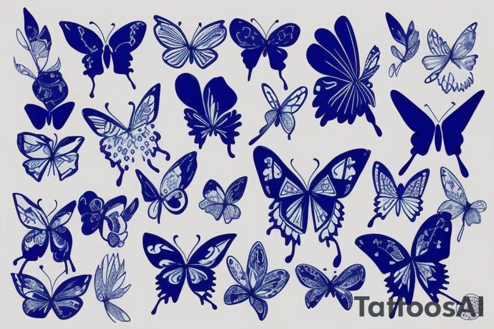 Blue and white broken vase butterfly kintsugi gold tattoo idea