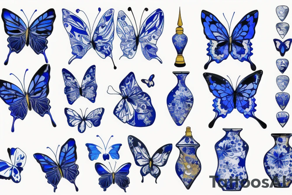 Blue and white broken vase butterfly kintsugi gold tattoo idea