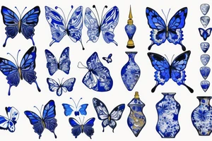 Blue and white broken vase butterfly kintsugi gold tattoo idea