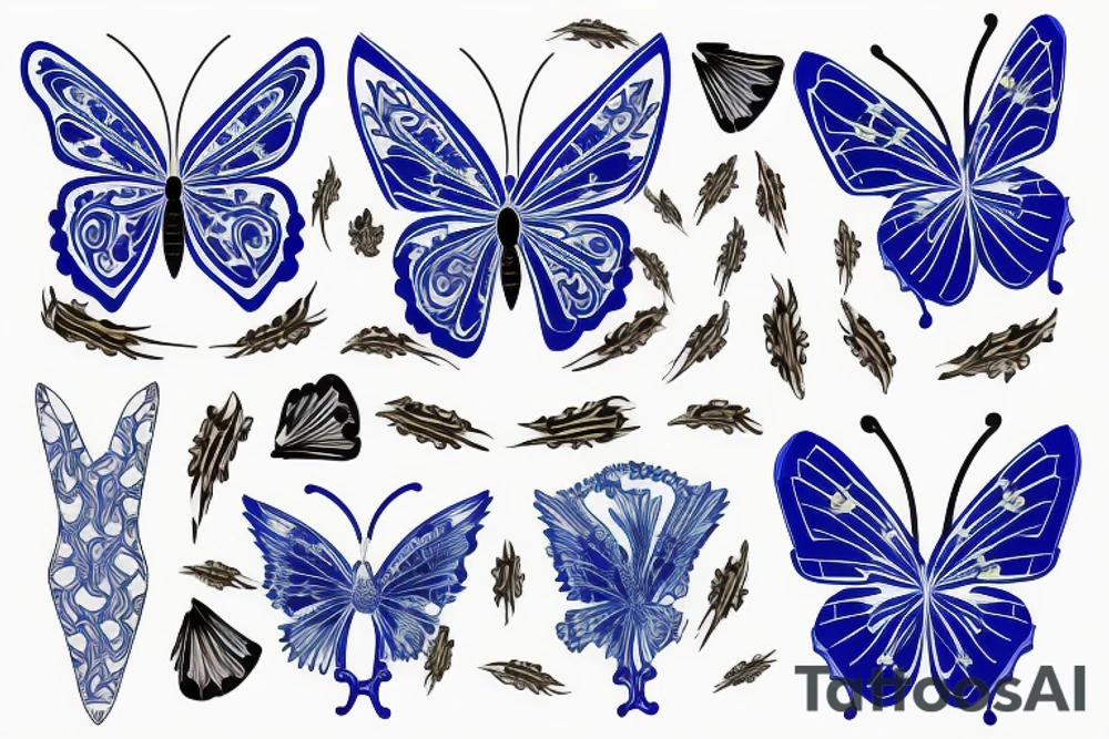 Blue and white broken vase butterfly kintsugi gold tattoo idea