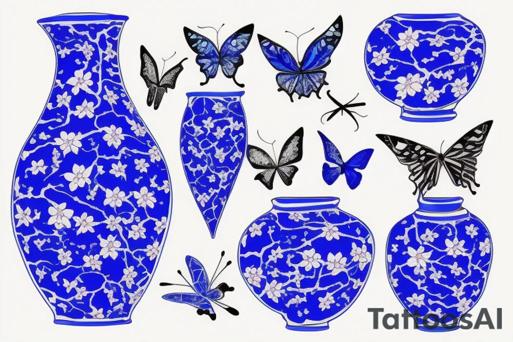 Blue and white broken vase butterfly kintsugi gold tattoo idea