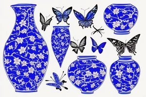 Blue and white broken vase butterfly kintsugi gold tattoo idea
