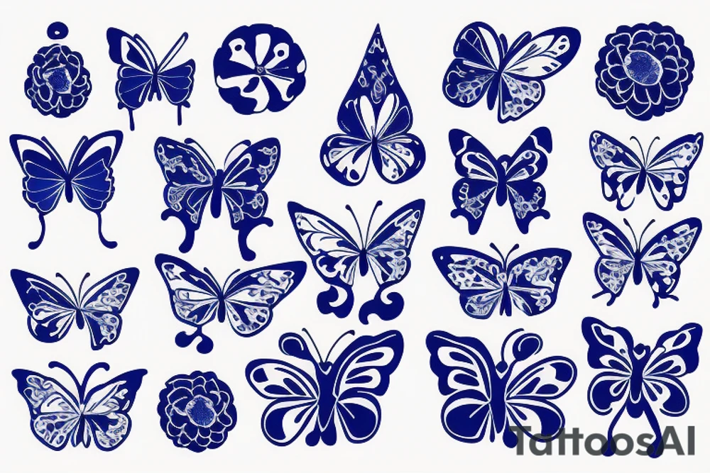 Blue and white broken vase butterfly kintsugi gold tattoo idea