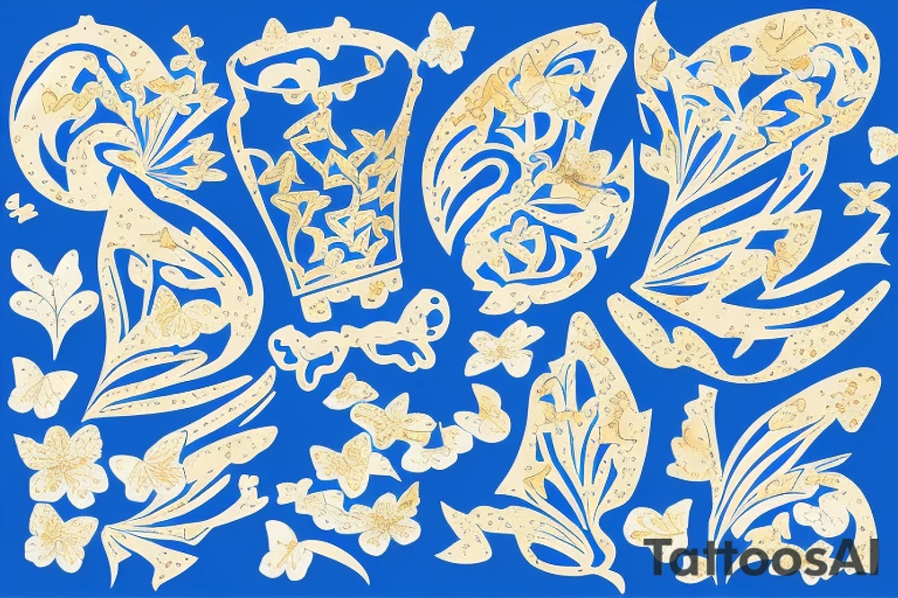 Blue and white broken vase butterfly kintsugi gold leaf tattoo idea