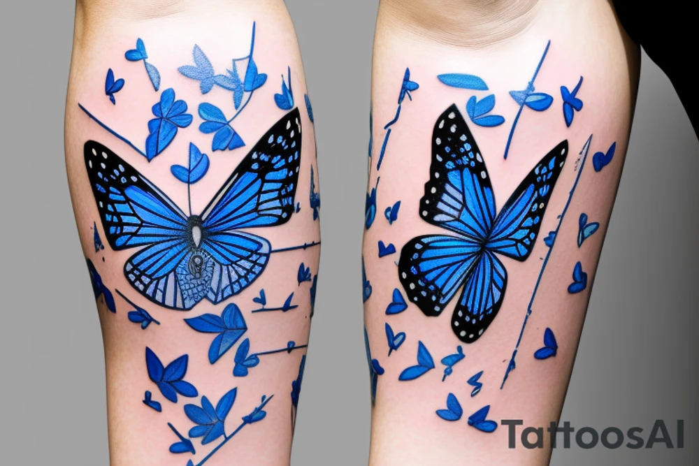 Blue and white broken vase butterfly kintsugi gold glue tattoo idea