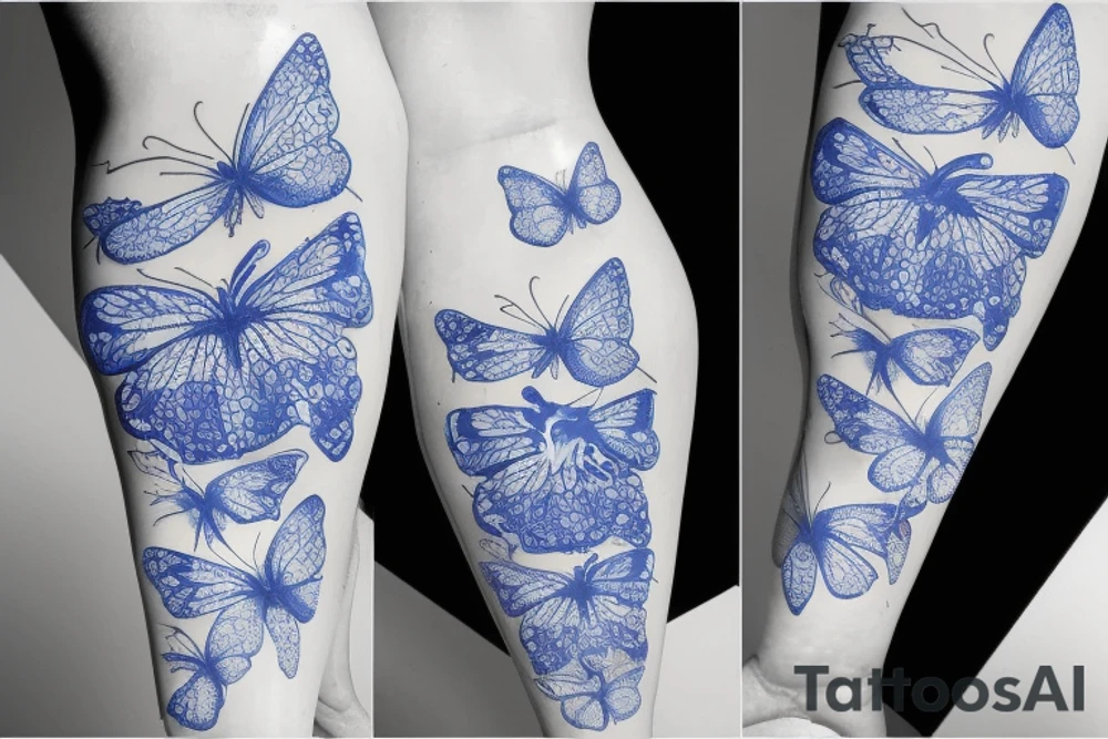 Blue and white broken vase butterfly kintsugi gold glue tattoo idea