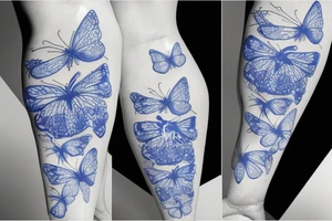 Blue and white broken vase butterfly kintsugi gold glue tattoo idea