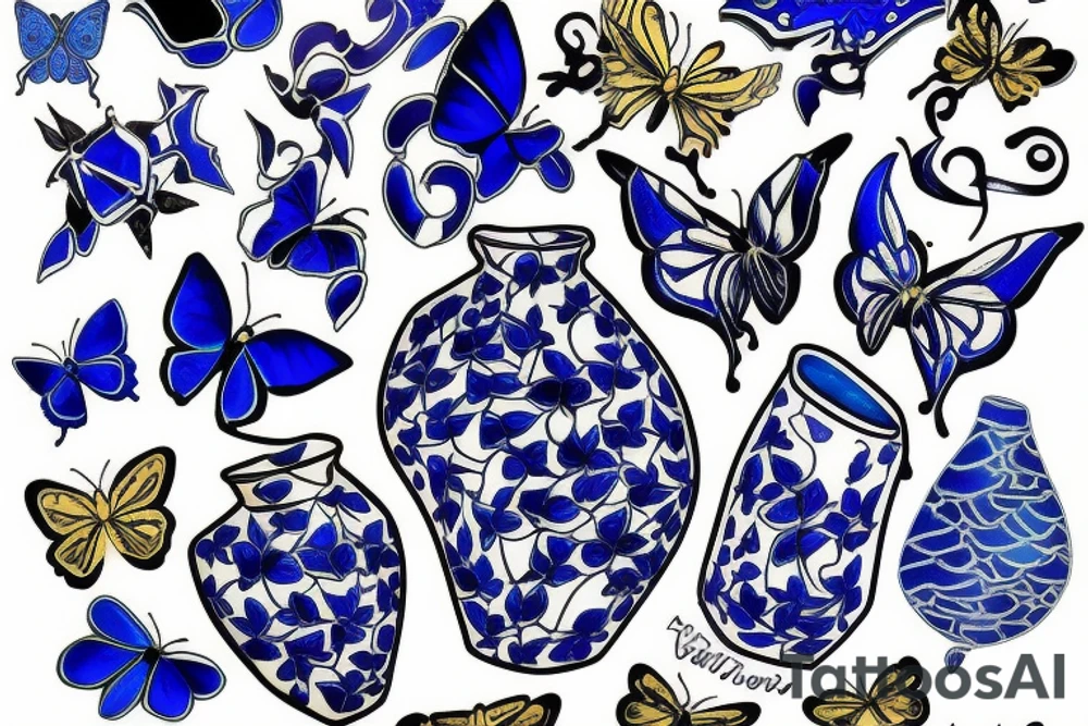 Blue and white broken vase butterfly kintsugi gold glue tattoo idea