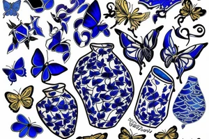 Blue and white broken vase butterfly kintsugi gold glue tattoo idea