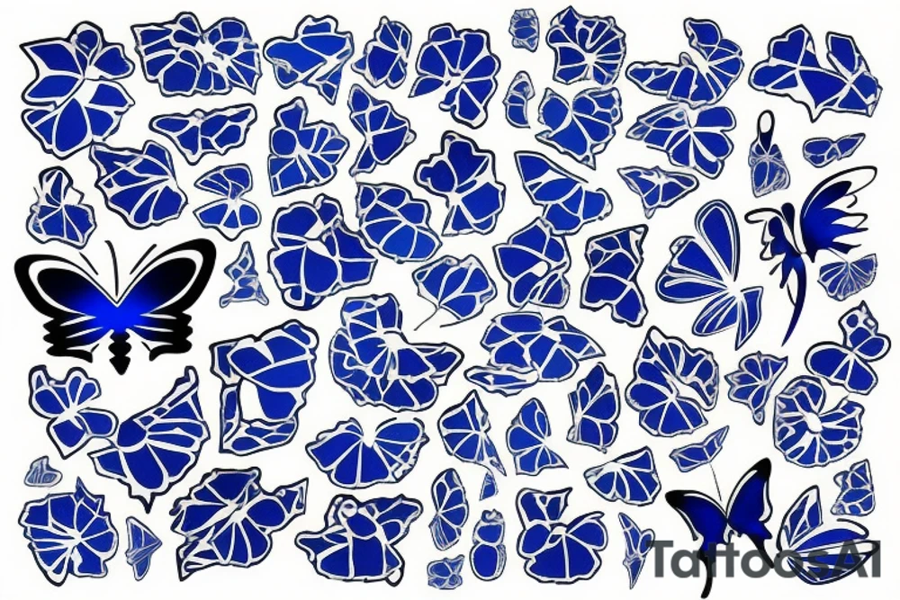 Blue and white broken vase butterfly kintsugi gold glue tattoo idea