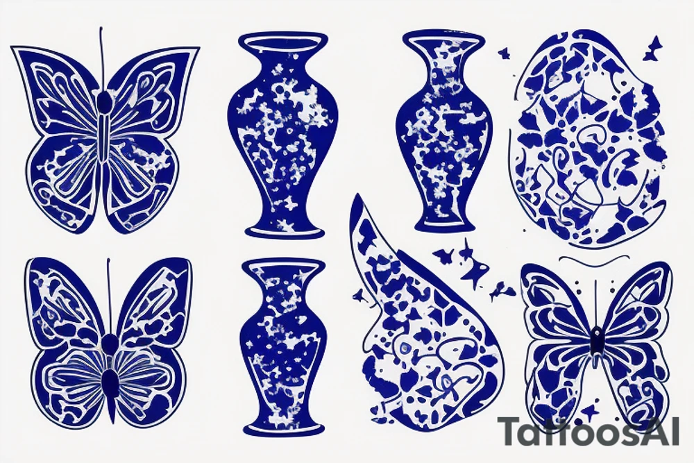 Blue and white broken vase butterfly kintsugi gold glue tattoo idea