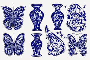 Blue and white broken vase butterfly kintsugi gold glue tattoo idea