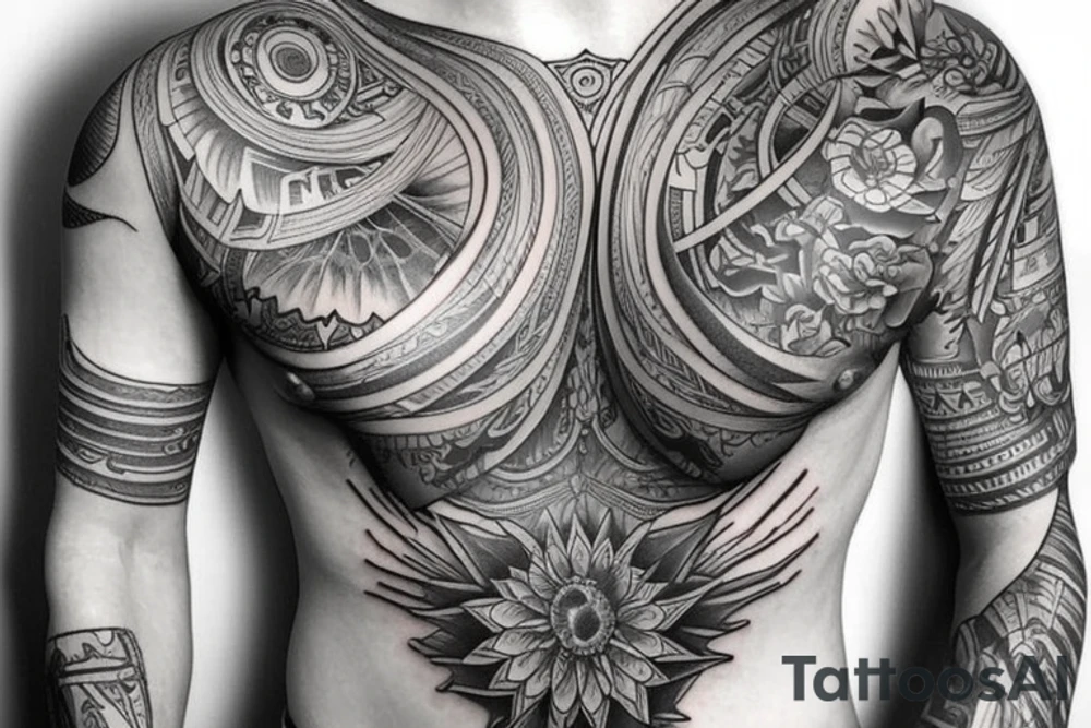 Full sleeve and half chest piece tattoo idea