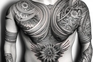 Full sleeve and half chest piece tattoo idea