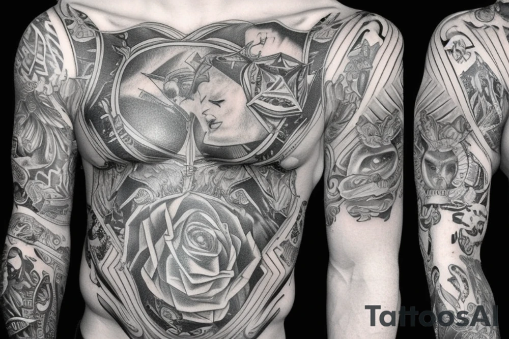 Full sleeve and half chest piece for bad boy Gemini 
that did prison time and is jacked tattoo idea