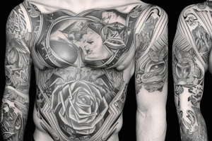 Full sleeve and half chest piece for bad boy Gemini 
that did prison time and is jacked tattoo idea
