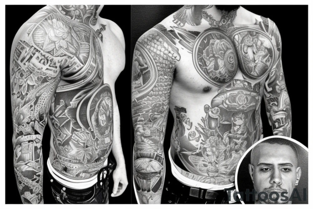 Full sleeve and half chest piece for bad boy Gemini 
that did prison time and is jacked tattoo idea
