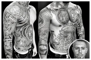 Full sleeve and half chest piece for bad boy Gemini 
that did prison time and is jacked tattoo idea