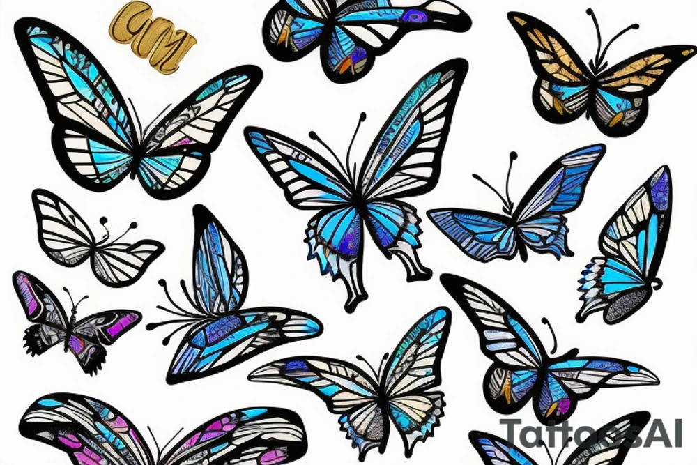 Butterfly with white and blue wings that were once broken but glued back together with gold tattoo idea