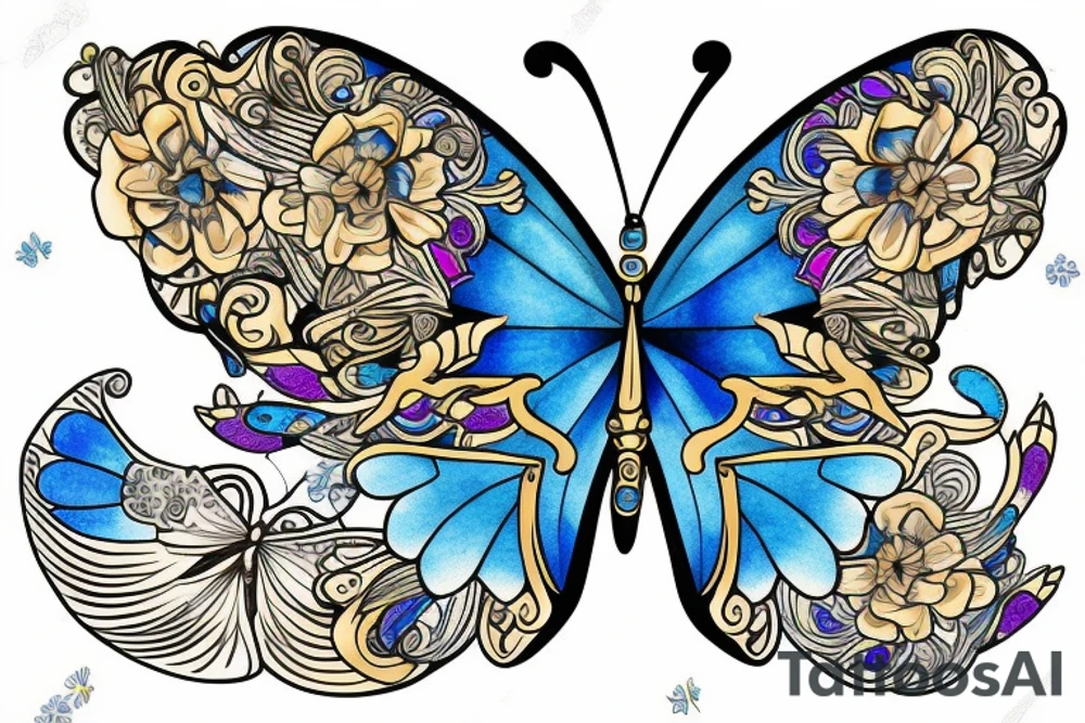 Butterfly with white and blue wings that were once broken but glued back together with gold tattoo idea