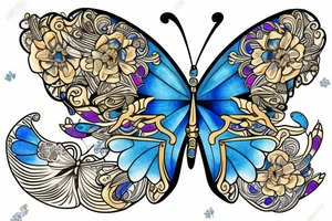 Butterfly with white and blue wings that were once broken but glued back together with gold tattoo idea