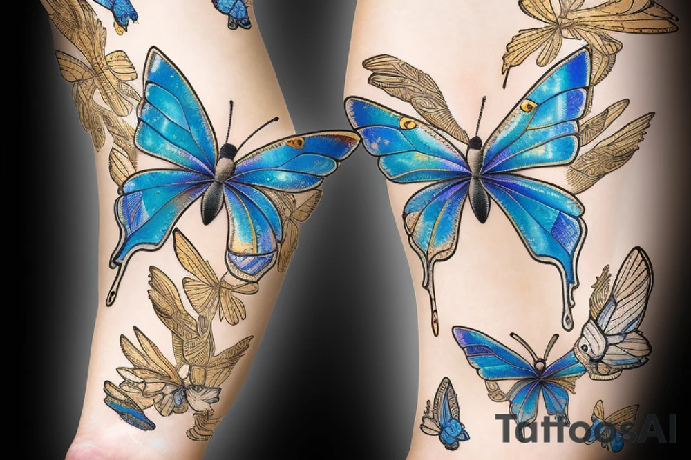 Butterfly with white and blue wings that were once broken but glued back together with gold tattoo idea