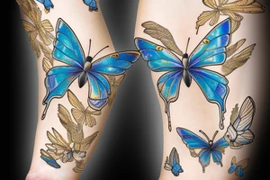 Butterfly with white and blue wings that were once broken but glued back together with gold tattoo idea