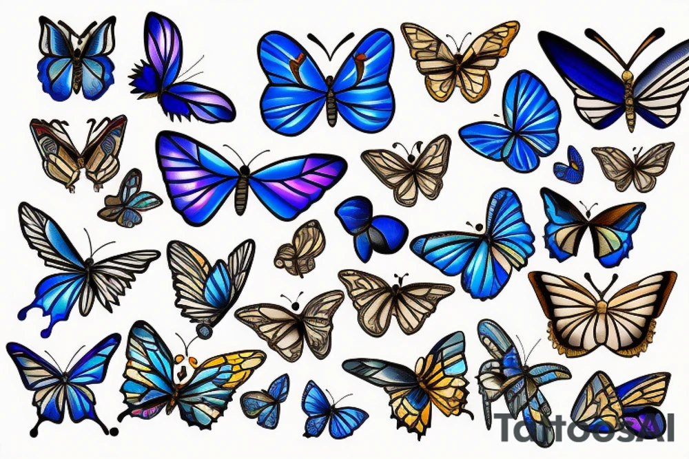 Butterfly with white and blue wings that were once broken but glued back together with gold tattoo idea