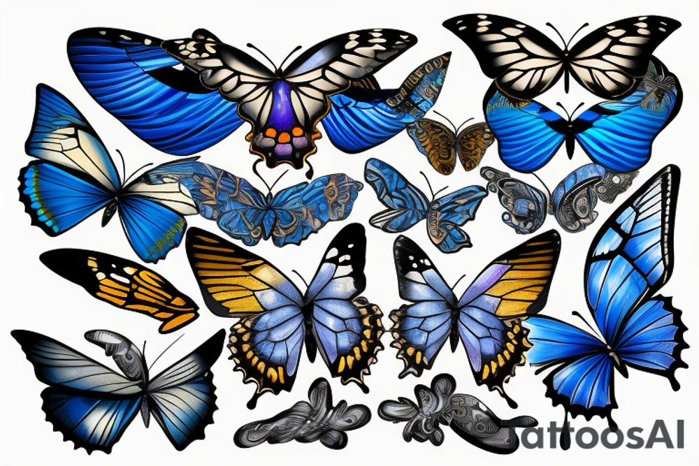 Butterfly with white and blue wings that were once broken but glued back together with gold tattoo idea