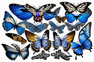 Butterfly with white and blue wings that were once broken but glued back together with gold tattoo idea