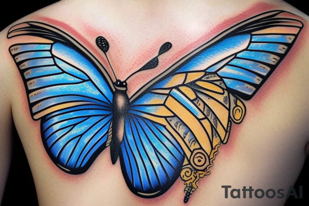 Butterfly with white and blue wings that were once broken but glued back together with gold tattoo idea