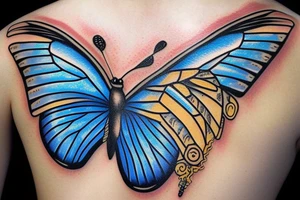 Butterfly with white and blue wings that were once broken but glued back together with gold tattoo idea