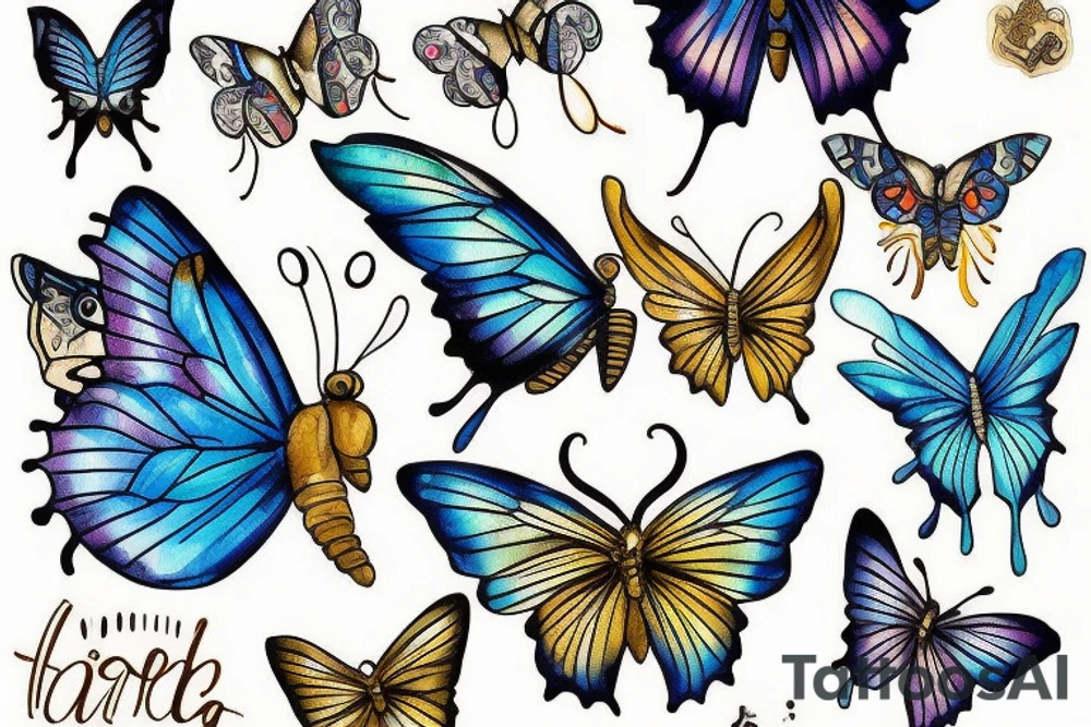 Butterfly with white and blue wings that were once broken but glued back together with gold tattoo idea