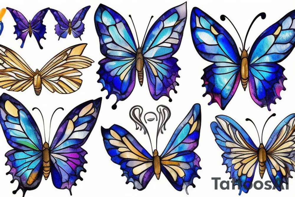 Butterfly with white and blue wings that were once broken but glued back together with gold tattoo idea