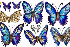 Butterfly with white and blue wings that were once broken but glued back together with gold tattoo idea