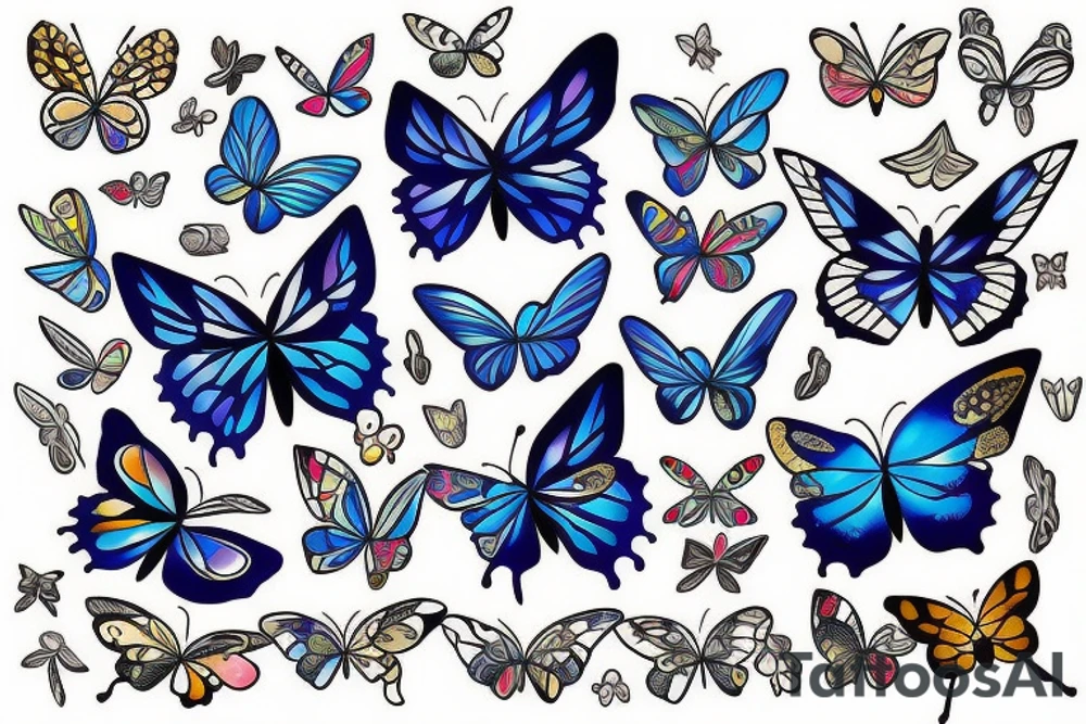 Butterfly with white and blue wings that were once broken but glued back together with gold tattoo idea