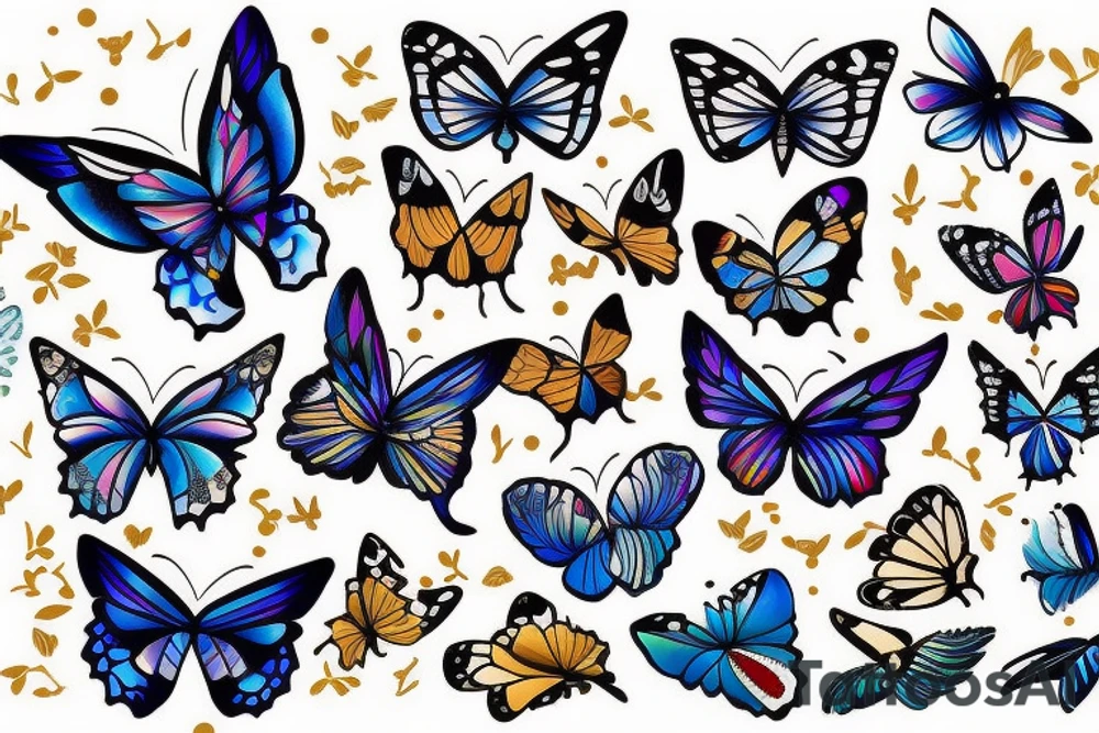 Butterfly with white and blue wings that were once broken but glued back together with gold tattoo idea