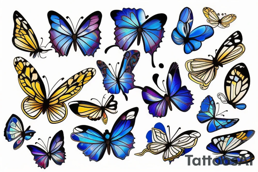 Butterfly with white and blue wings that were once broken but glued back together with gold tattoo idea
