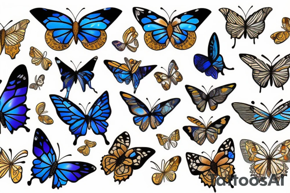 Butterfly with white and blue wings that were once broken but glued back together with gold tattoo idea