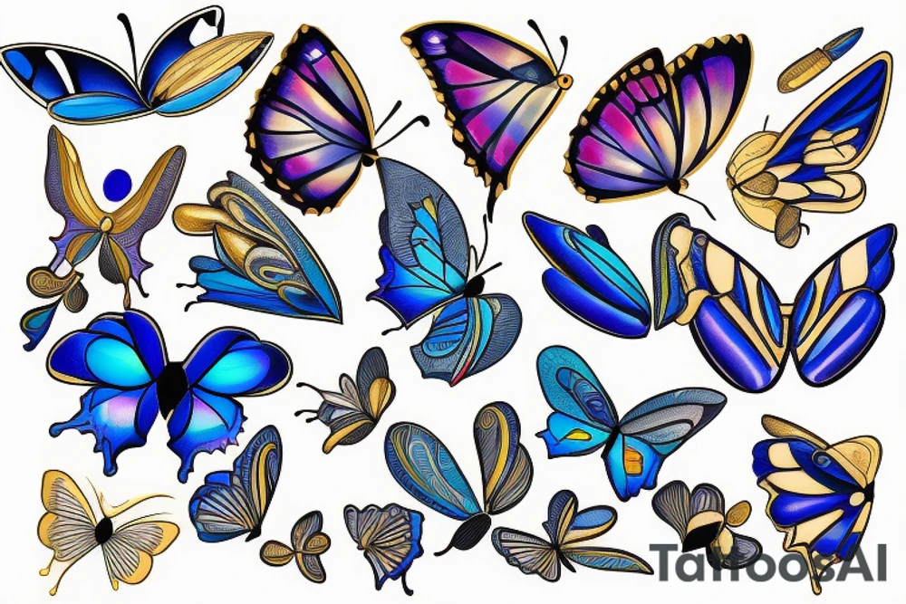Butterfly with white and blue wings that were once broken but glued back together with gold tattoo idea