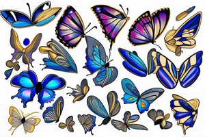 Butterfly with white and blue wings that were once broken but glued back together with gold tattoo idea