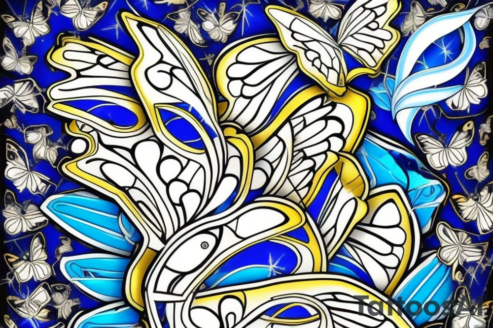 Butterfly with white and blue wings that were once broken but glued back together with gold tattoo idea