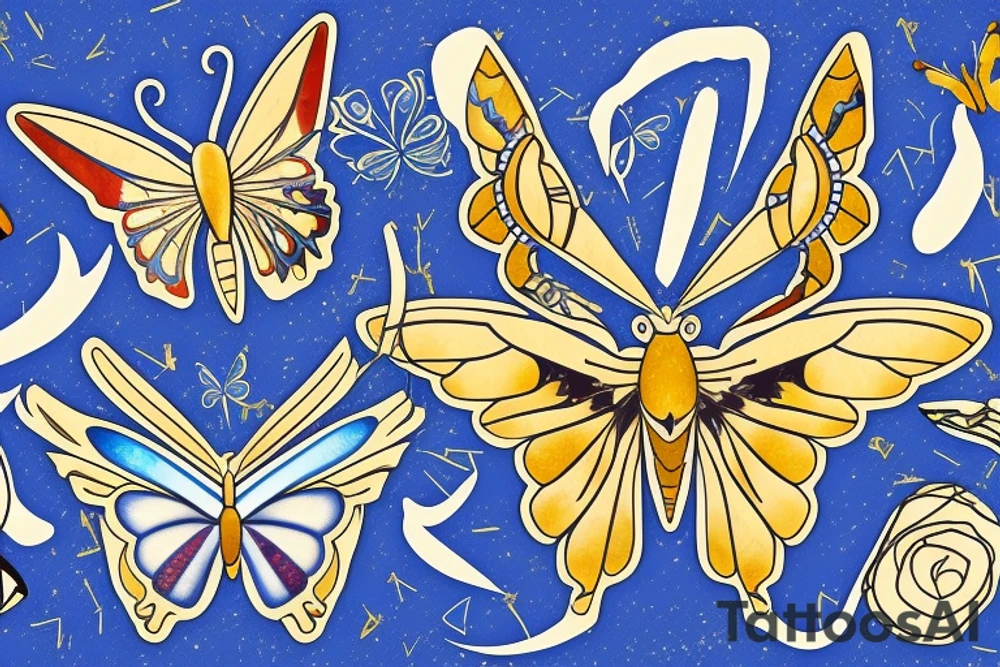 Butterfly with white and blue wings that were once broken but glued back together with gold  kintsugi tattoo idea